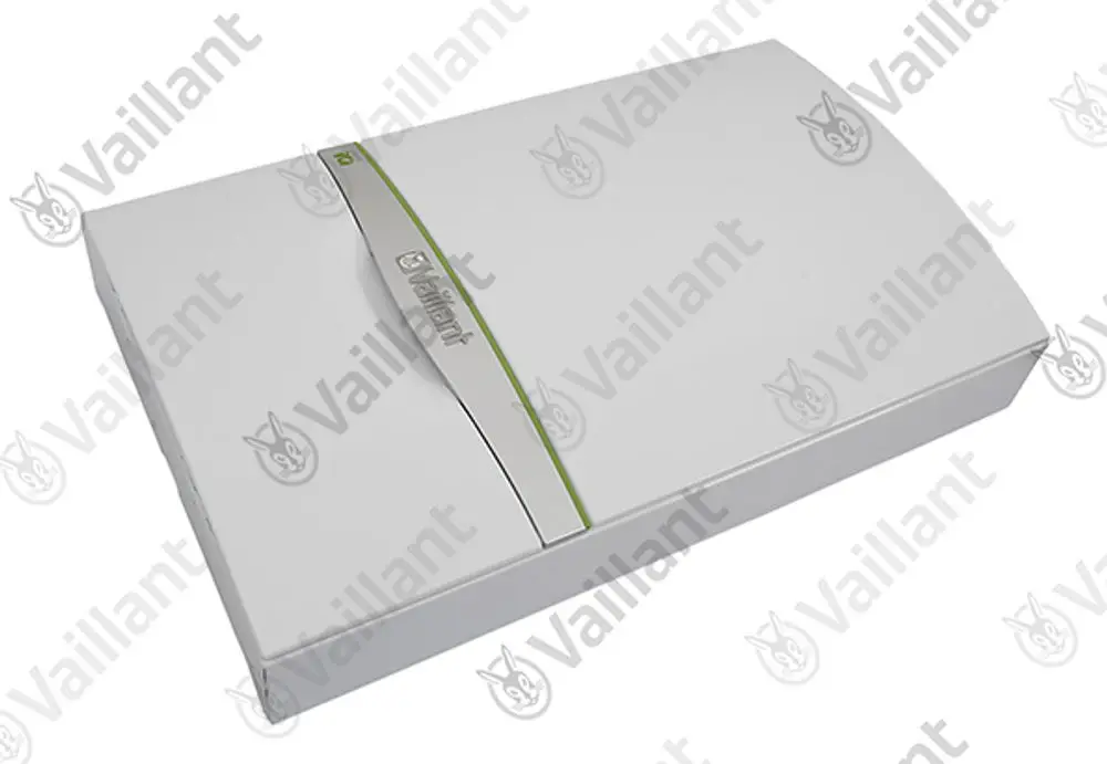 Vaillant-Verkleidung in weißer Ausführung, rechteckige Form mit einer glatten Oberfläche und einem grünen Streifen. Geeignet für Heizgerät.